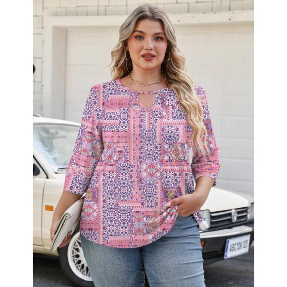 Plus Size Women's Blouses 3/4 Sleeve Crewneck Casual Shirts Easy to Match - Picture 5 of 5